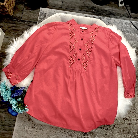 NEW! MED Pink Know Rose Embroidered Half Button Front Mid Sleeve Oversized Top - Picture 5 of 7